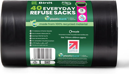 BIN IT 40 Everyday 70L Strong & Secure, Refuse Sacks, Bin Bags, Bin Liners, Flat Top, Recycled, Tear Resistant, 30 μm, Perfect for Everyday Use, Household, Office, Kitchen & Caterers