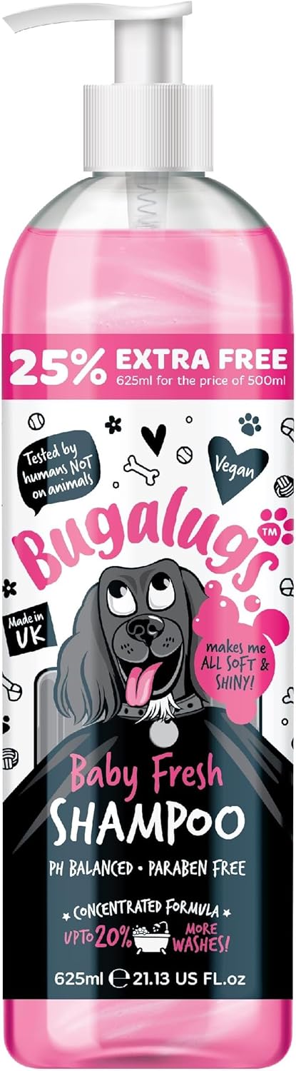 BUGALUGS Baby Fresh Dog Shampoo grooming products for smelly dogs with baby powder scent, best puppy shampoo, Vegan pet shampoo professional