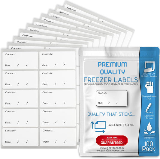 Innoveem Freezer Labels Easy Peel Off - Frozen Food Labels Stickers That Leave No Sticky Residue After Use - Perfectly Sized Reusable Fridge Labels (6 x 3cm) with Easy to Write Surface. [100 Pack]