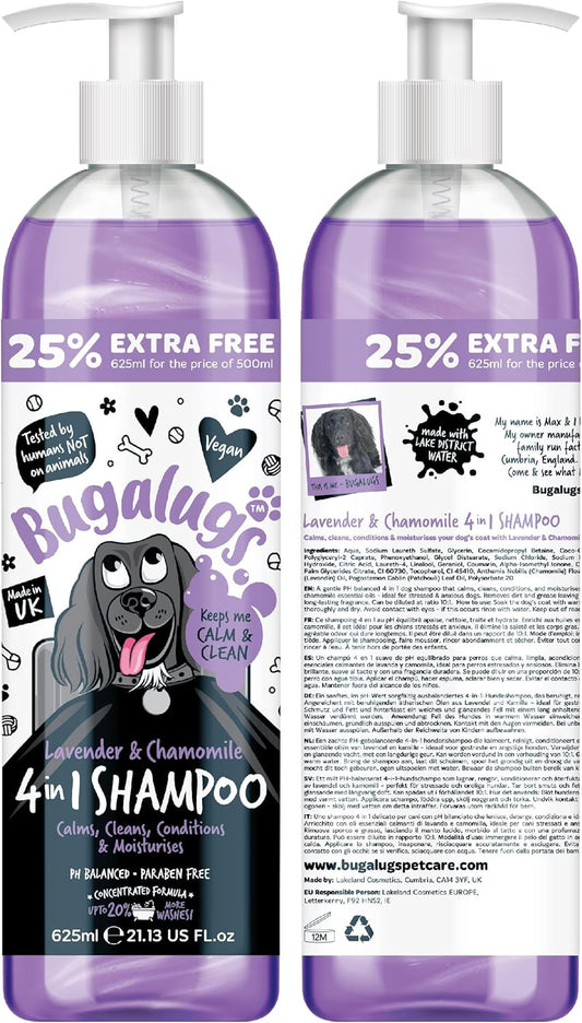 Bugalugs Lavender & Chamomile 4-in-1 Dog Shampoo and Conditioner - Professional Pet Grooming for Smelly Puppies - Vegan Formula